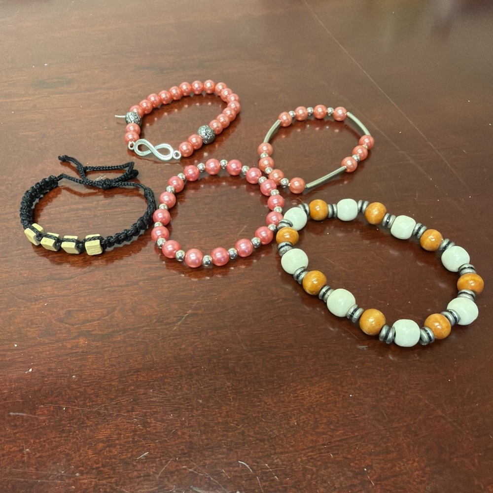 Lot of 5 Beaded Stretch Bracelets Infinity Wood Adjustable Boho Fashion Jewelry